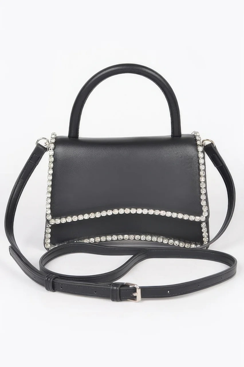 Faux Leather Top Handle Flap Bag W/rhinestone