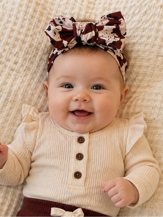 Neutral Cream & Brown Cow Print Baby Headwrap Bow