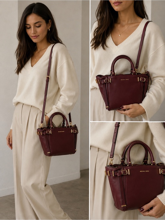 Michael Kors Wine Leather Satchel with Gold Hardware