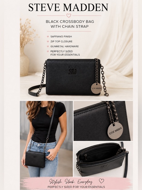 Steve Madden Black Leather Crossbody with Chain Accent NWOT